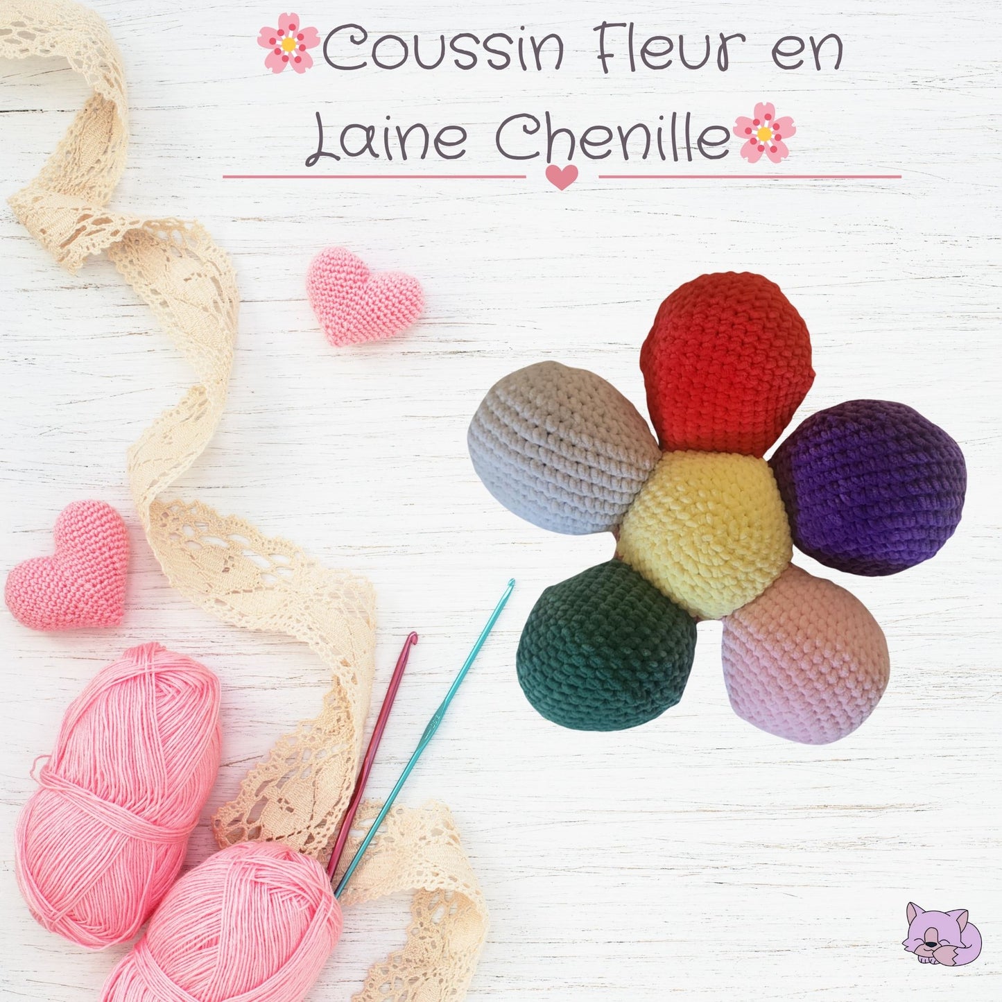 🌸 Coussin Fleur en laine chenille ultra douce 🌸