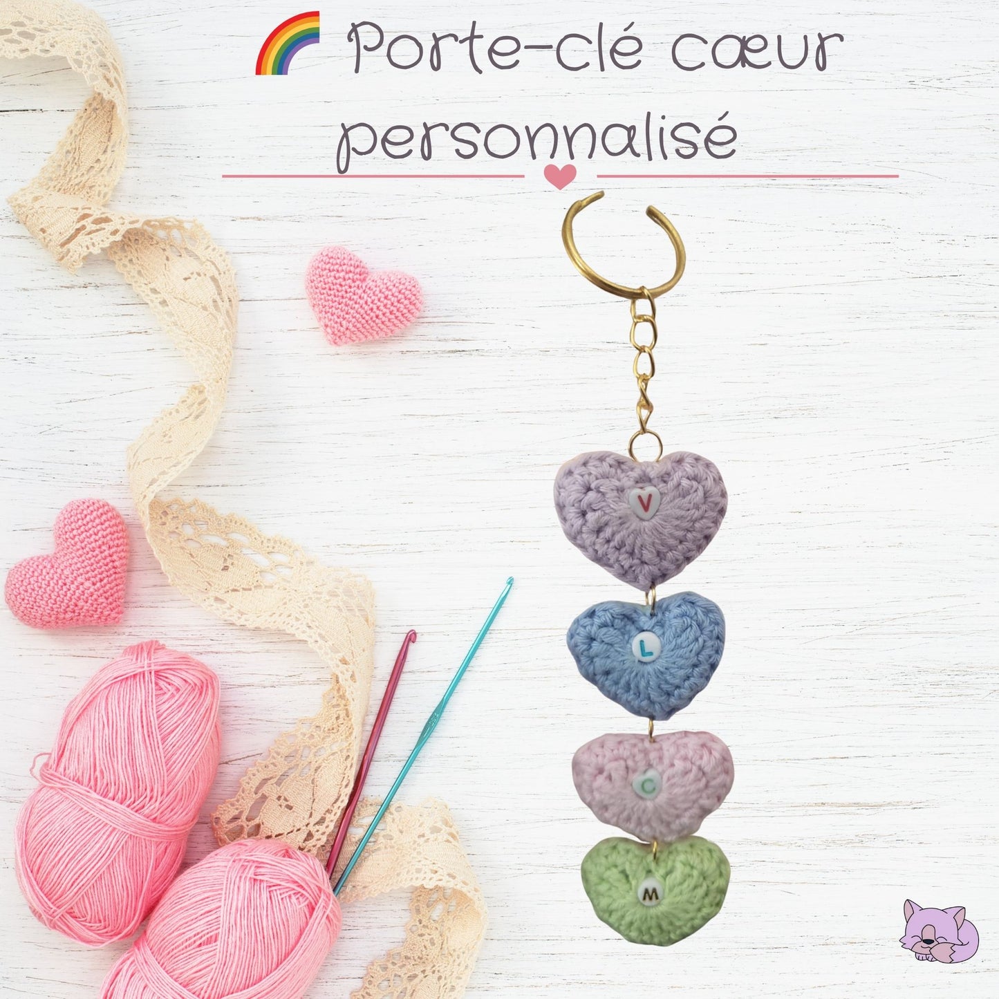 Porte-clé personnalisable prénom – Forme cœur perles colorées 💖🔠