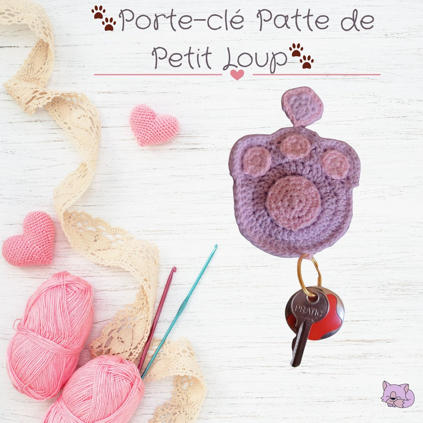 Porte-clé Patte de Petit Loup – Cache-clés malin en coton 💜🩷