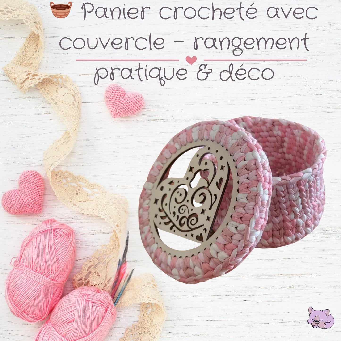 🧺 Panier crocheté avec socle & couvercle en bois – rangement chic & pratique