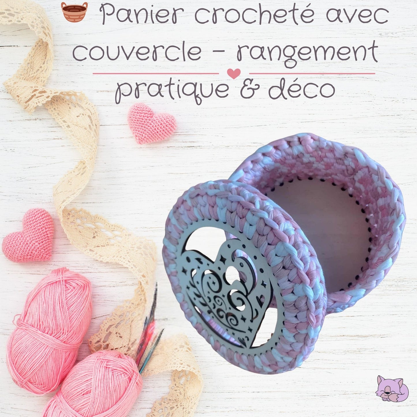 🧺 Panier crocheté avec socle & couvercle en bois – rangement chic & pratique