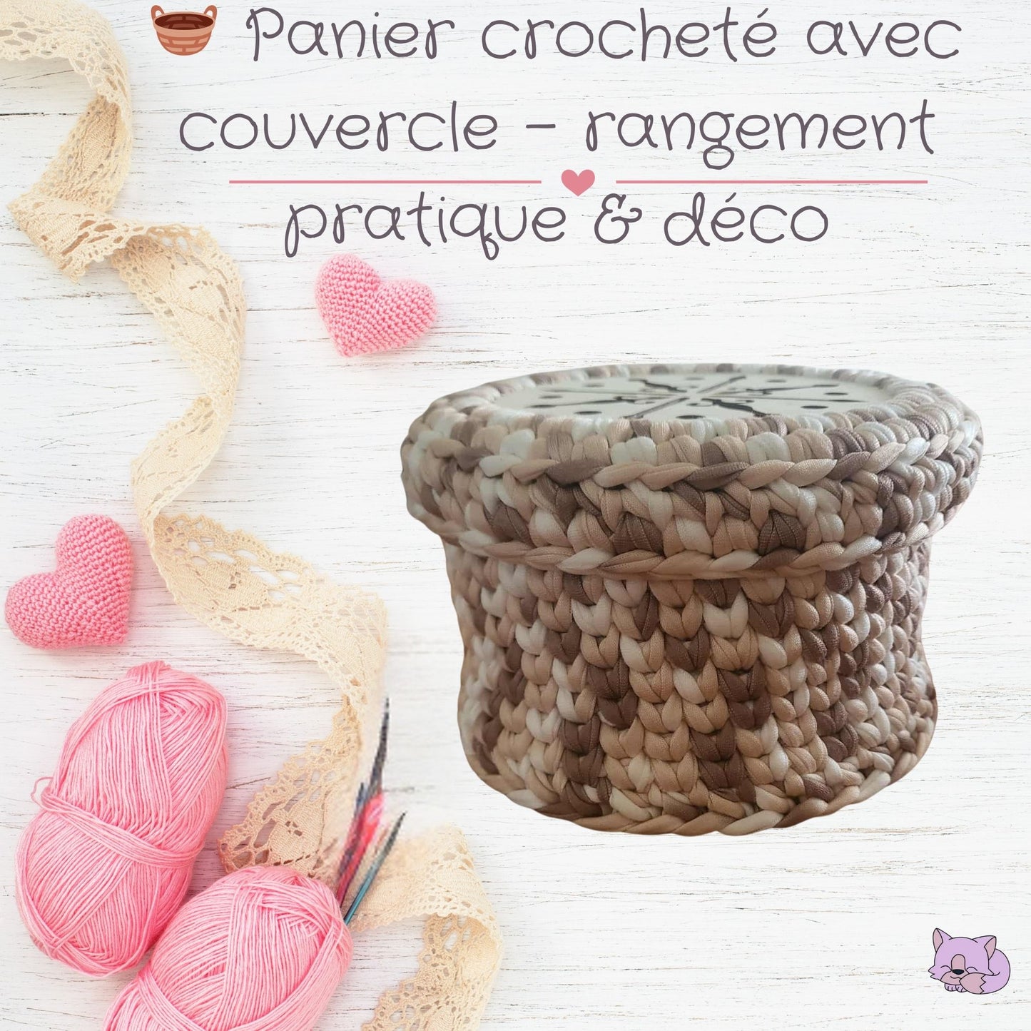 🧺 Panier crocheté avec socle & couvercle en bois – rangement chic & pratique