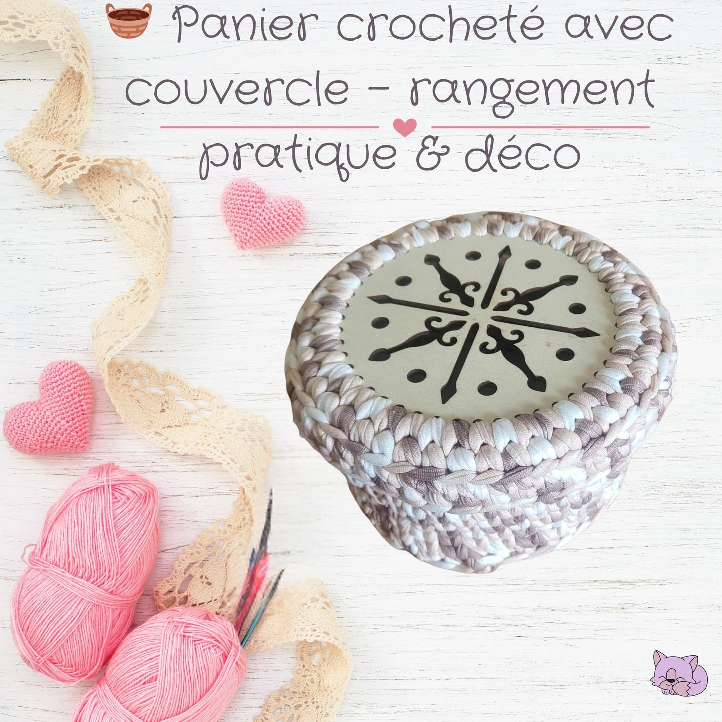 🧺 Panier crocheté avec socle & couvercle en bois – rangement chic & pratique