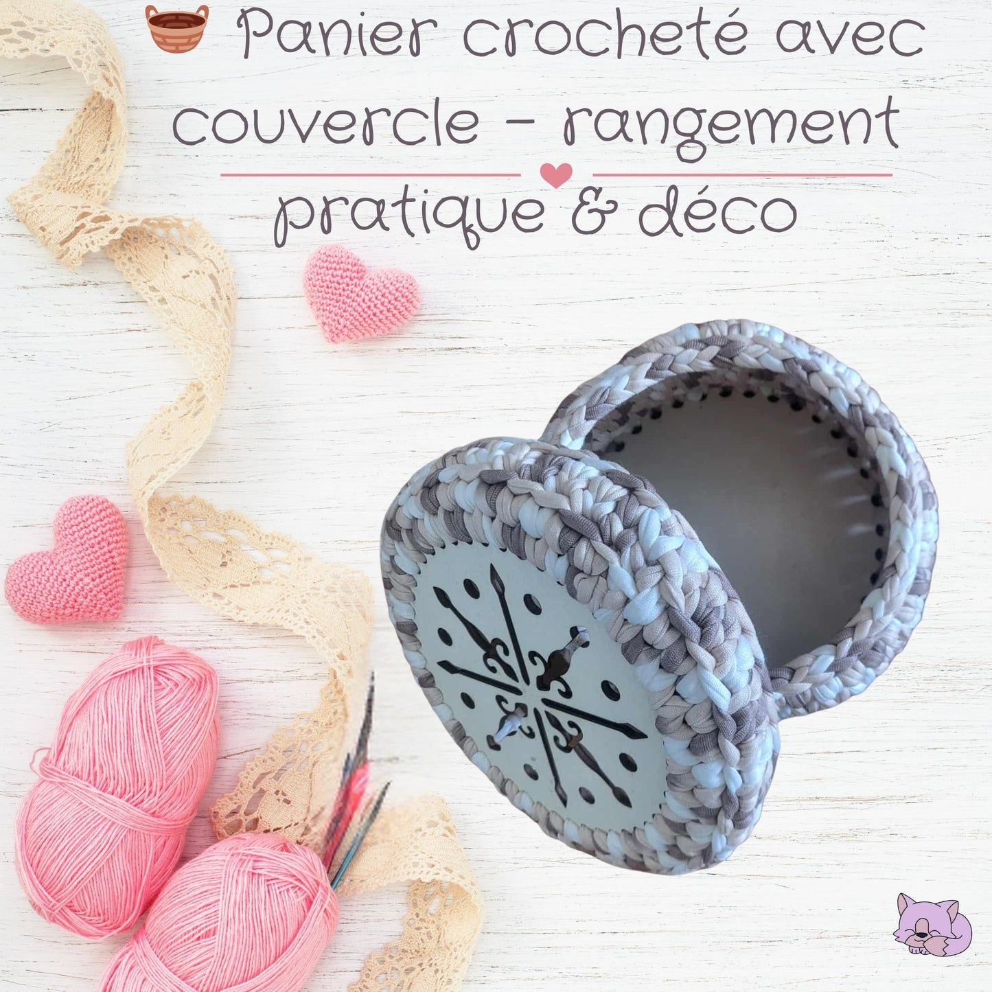 🧺 Panier crocheté avec socle & couvercle en bois – rangement chic & pratique