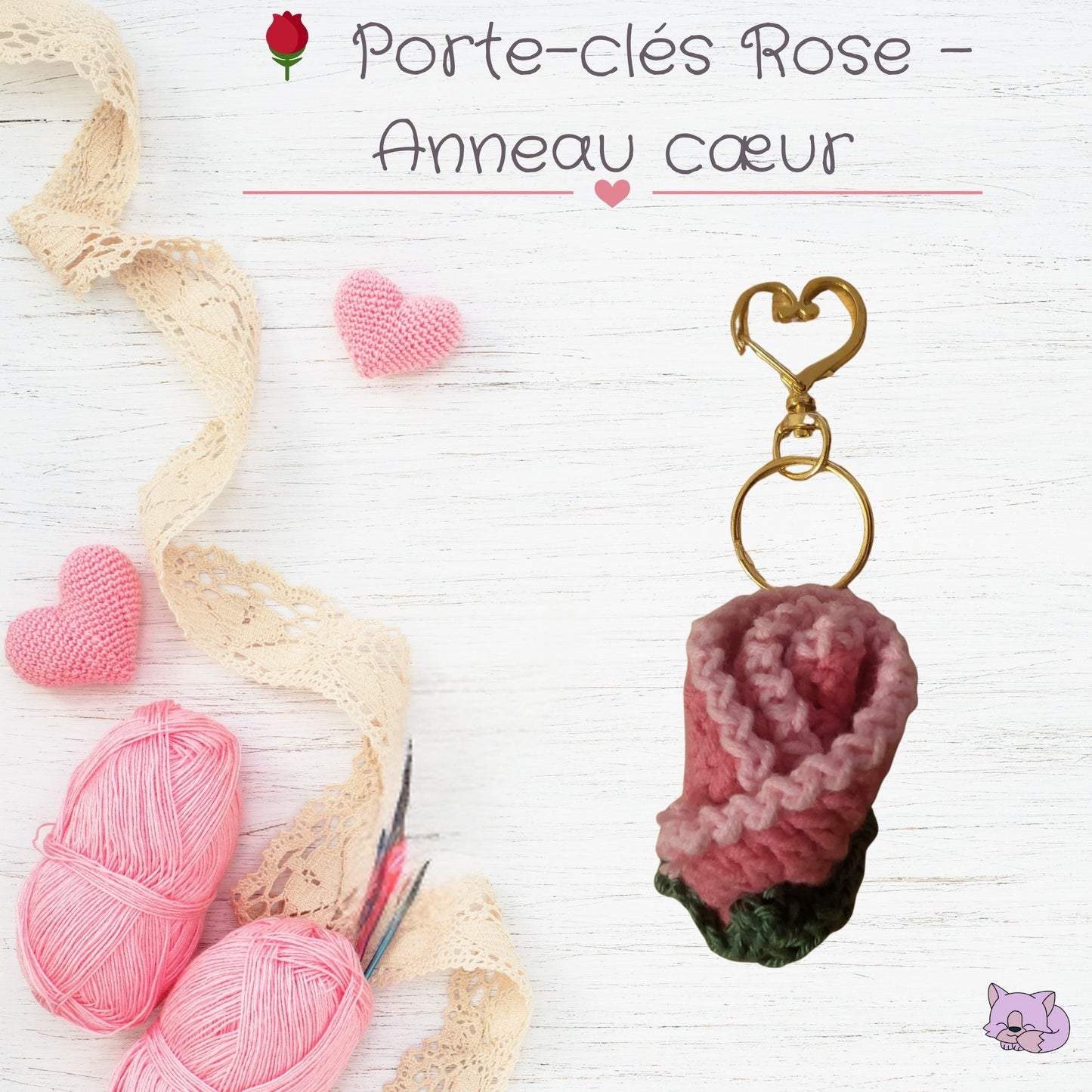 🌹 Porte-clés Rose crochetée – Anneau cœur